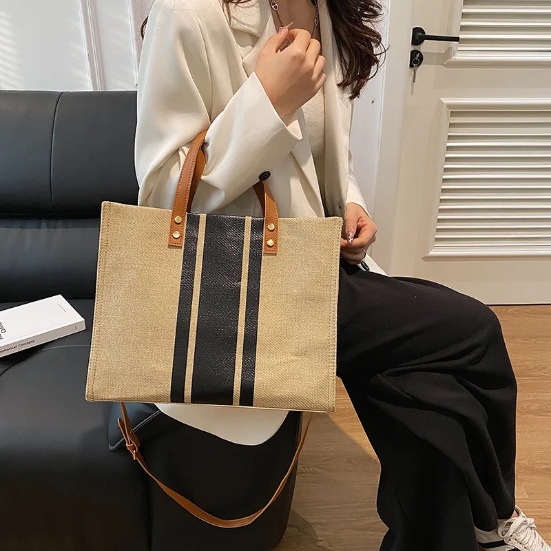 Yalu Cotton Linen Blend Tote Bag, Shopping Bag, Shoulder Bag, Handbag Women's Black/Blue/Black Zipper/Blue Zipper-2
