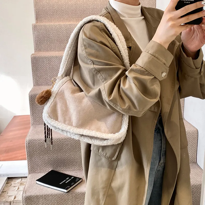 Yalu Suede Shoulder Bag Regular Women's Ecru/Light Brown/Coffee-3