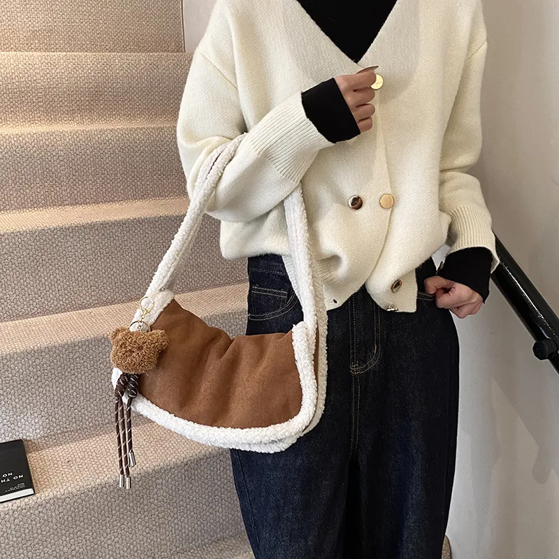 Yalu Suede Shoulder Bag Regular Women's Ecru/Light Brown/Coffee-10