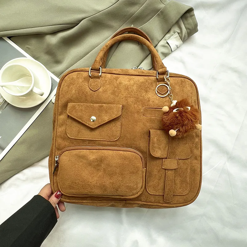 Yalu Leather Velvet Backpack Regular Women's Yellow/Dark Brown-2