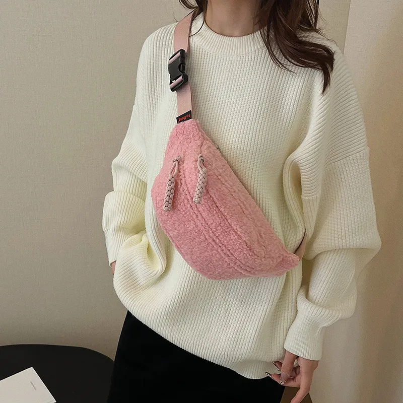 Yalu Plush Waist Bag Chest Bag Women's Ecru/Black/Khaki/Pink/Brown-22