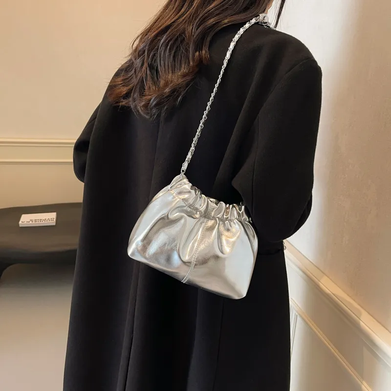 Yalu PU Pleated Shoulder Bag, Crossbody Bag Women's Gold/Silver-11