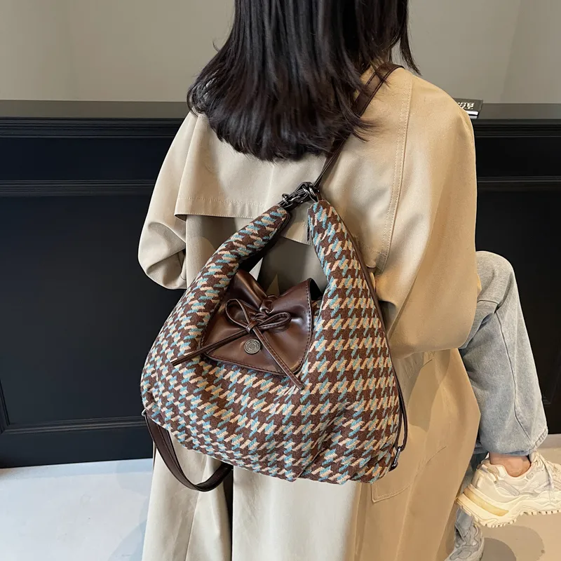 Yalu PU Shoulder Bag Regular Women's Blue Houndstooth/Yellow Houndstooth-1