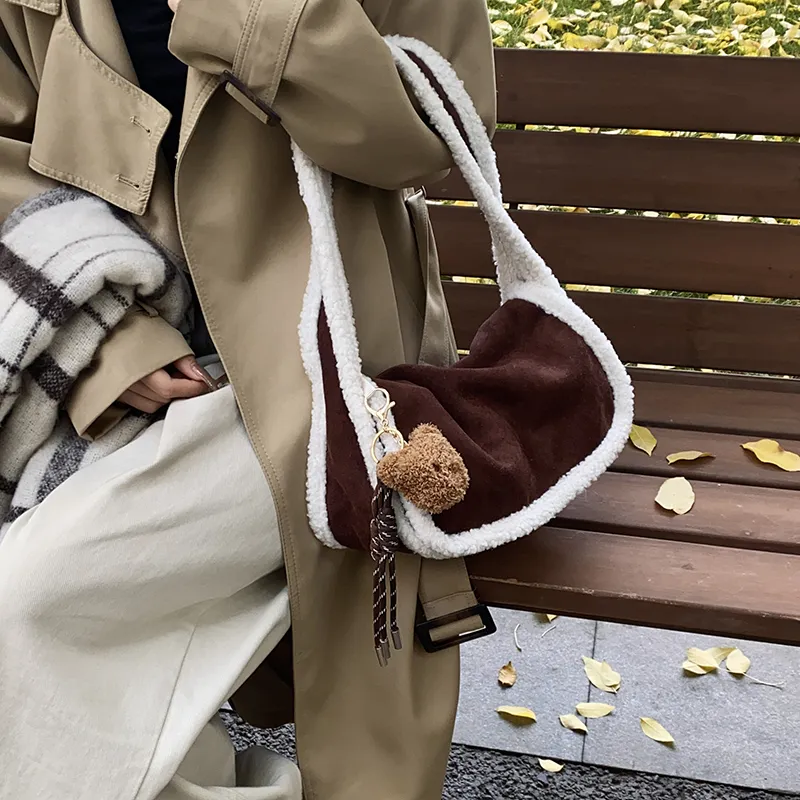 Yalu Suede Shoulder Bag Regular Women's Ecru/Light Brown/Coffee-16