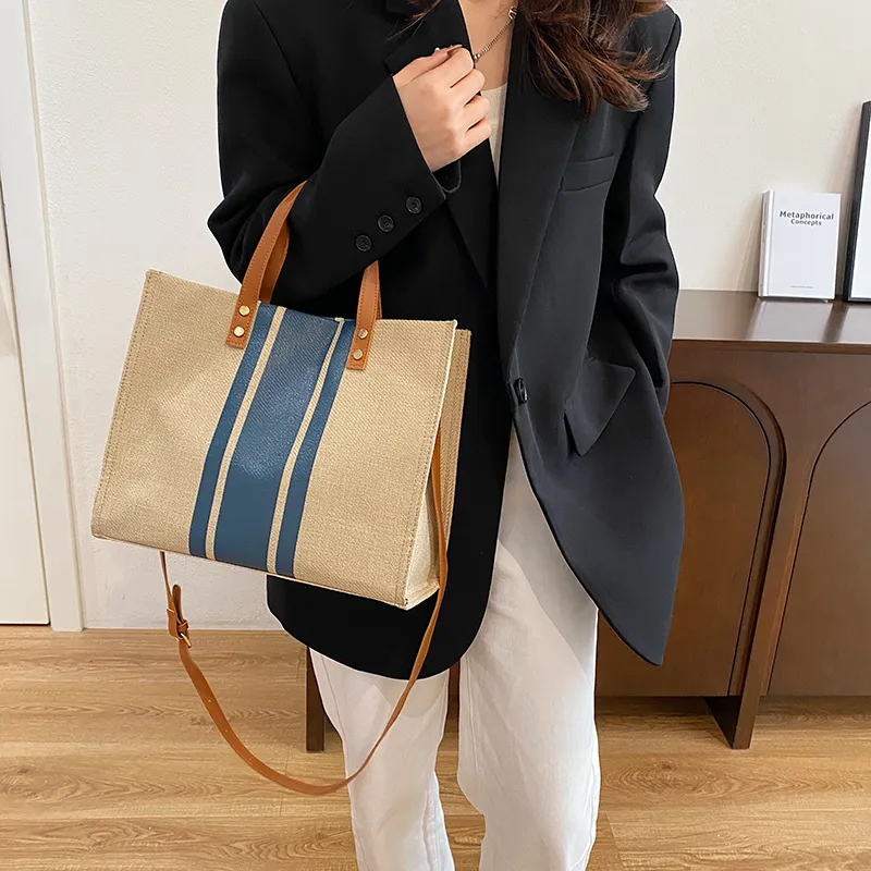 Yalu Cotton Linen Blend Tote Bag, Shopping Bag, Shoulder Bag, Handbag Women's Black/Blue/Black Zipper/Blue Zipper-12