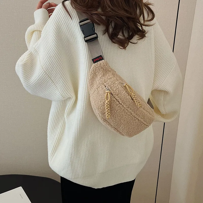 Yalu Plush Waist Bag Chest Bag Women's Ecru/Black/Khaki/Pink/Brown-13