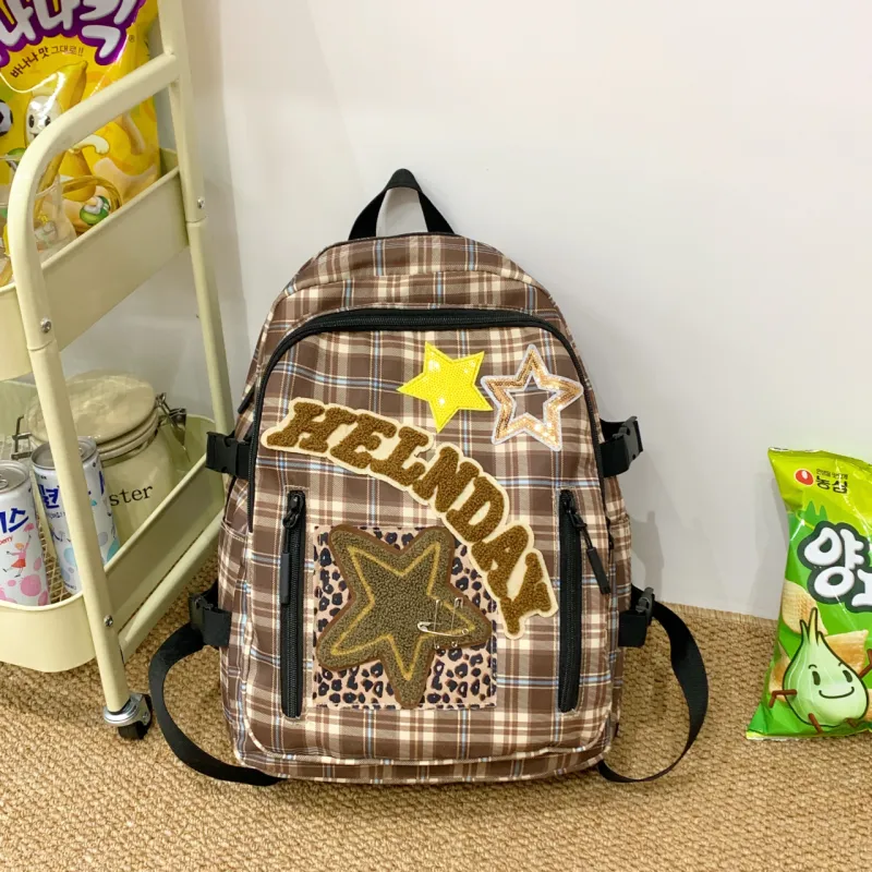 Yalu Nylon Fabric Backpack Women's Brown/Leopard Print/Red-1