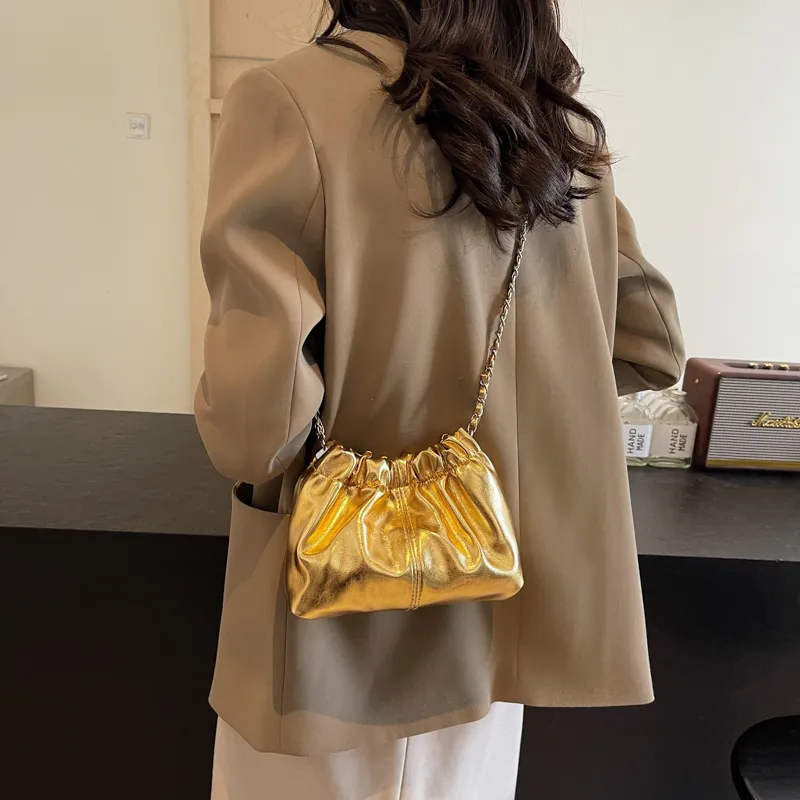 Yalu PU Pleated Shoulder Bag, Crossbody Bag Women's Gold/Silver-3