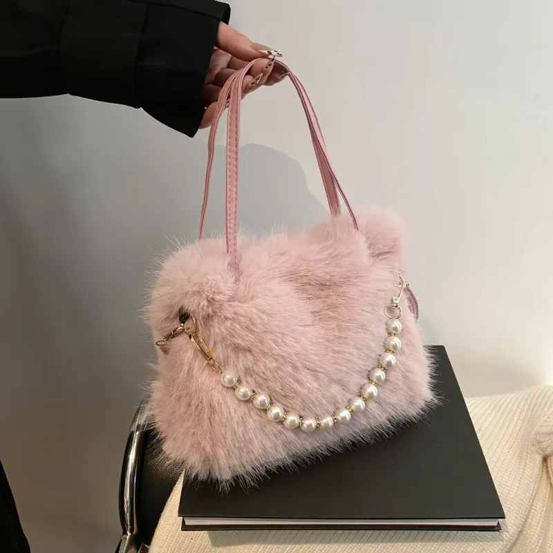 Yalu Plush Handbag, Shoulder Bag Regular Women's White/Light Khaki/Pink/Gray/Dark Khaki/Black-6