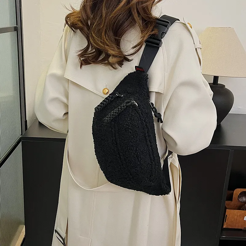Yalu Plush Waist Bag Chest Bag Women's Ecru/Black/Khaki/Pink/Brown-11