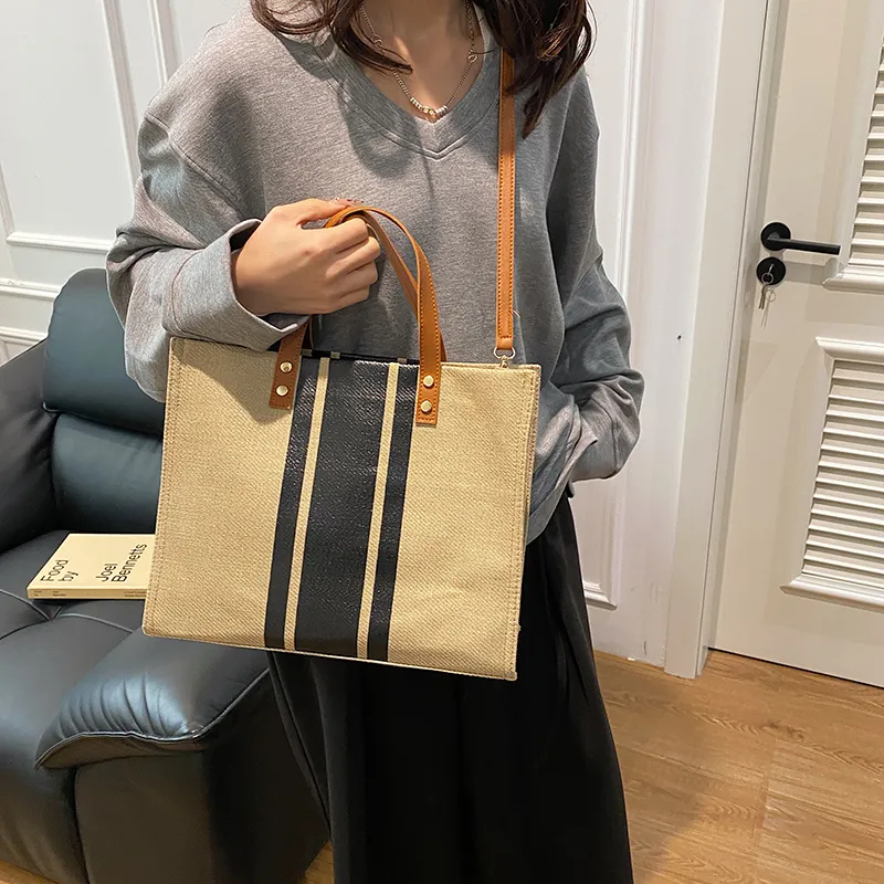 Yalu Cotton Linen Blend Tote Bag, Shopping Bag, Shoulder Bag, Handbag Women's Black/Blue/Black Zipper/Blue Zipper-6