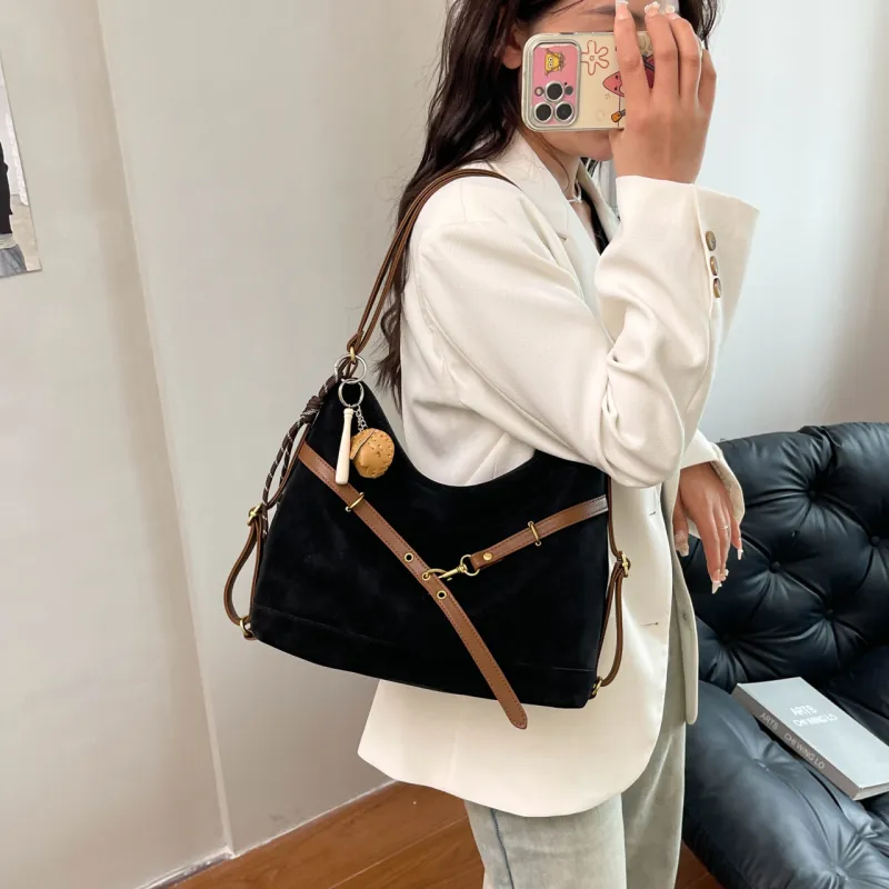 Yalu Velour Shoulder Bag Regular Women's Brown/Black/Coffee-5