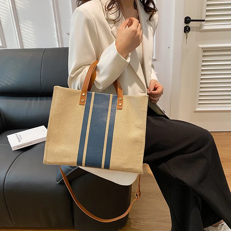 Yalu Cotton Linen Blend Tote Bag, Shopping Bag, Shoulder Bag, Handbag Women's Black/Blue/Black Zipper/Blue Zipper-11
