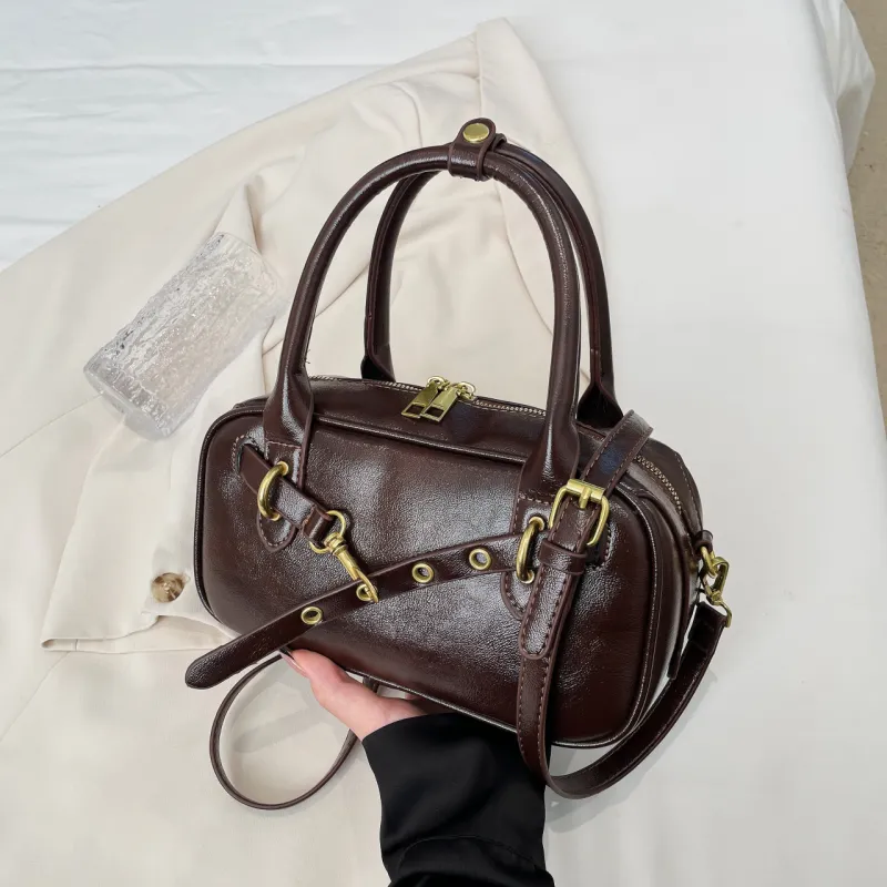 Yalu PU Bowling Bag, Handbag Women's Burgundy/Black/Coffee/Brown-11