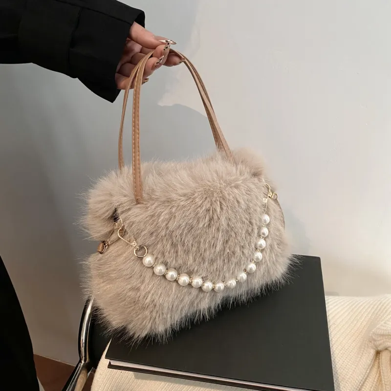 Yalu Plush Handbag, Shoulder Bag Regular Women's White/Light Khaki/Pink/Gray/Dark Khaki/Black-2