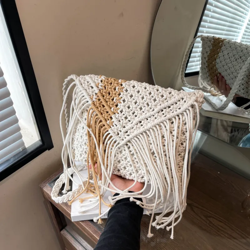 Yalu Woven Shoulder Bag, Crossbody Bag Women's White/Khaki-6