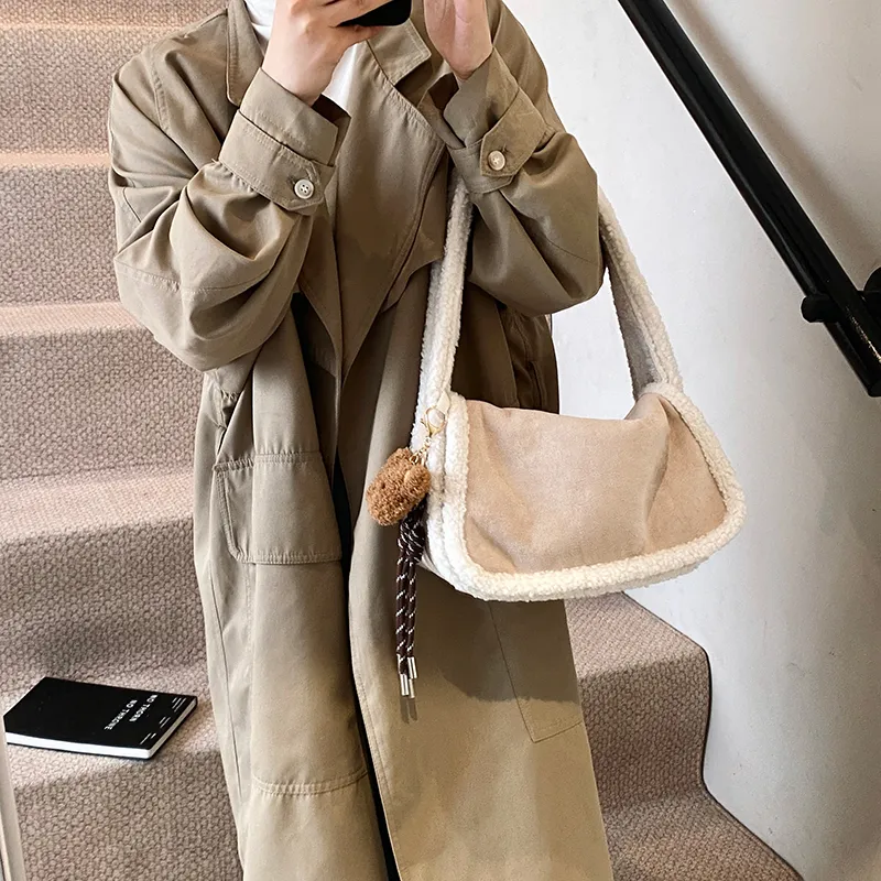 Yalu Suede Shoulder Bag Regular Women's Ecru/Light Brown/Coffee-6