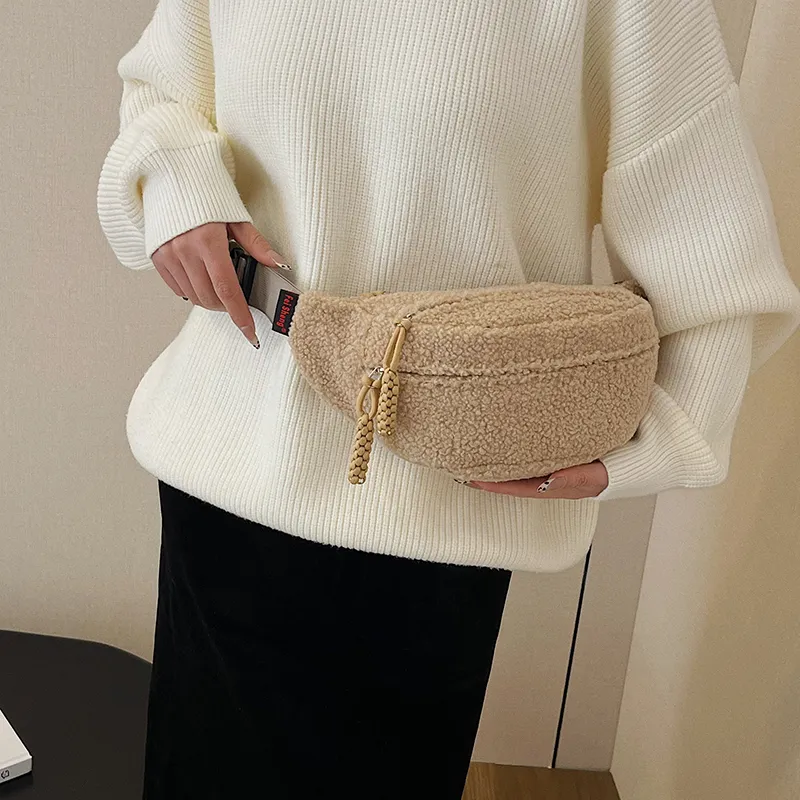 Yalu Plush Waist Bag Chest Bag Women's Ecru/Black/Khaki/Pink/Brown-14