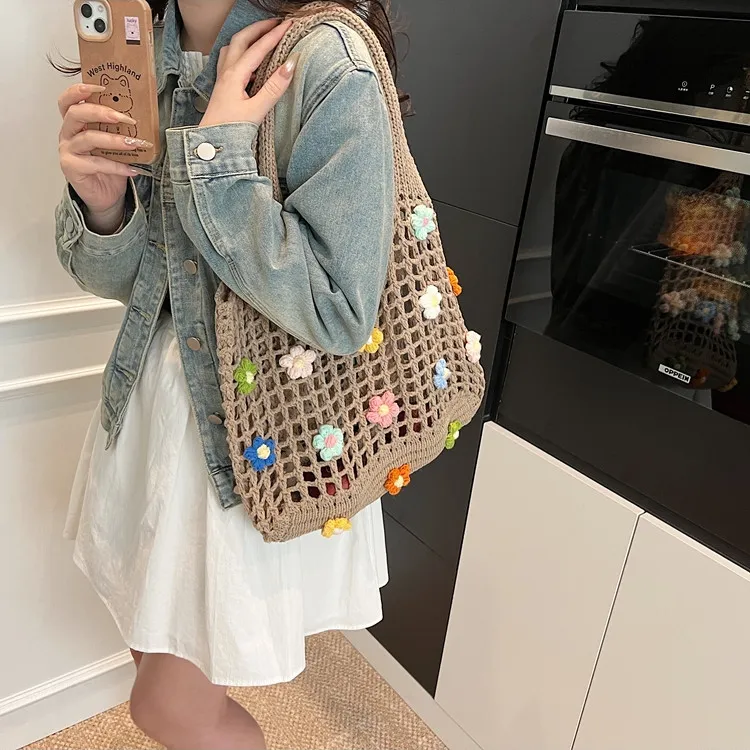 Yalu Chunky Yarn Woven Handbag, Shoulder Bag Women's White/Khaki-6