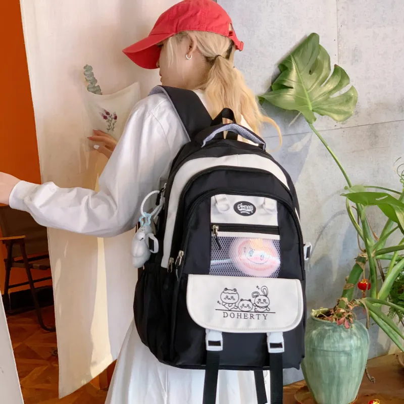 Yalu Nylon Fabric Backpack Regular Unisex Pink/Black/Blue/Green/Yellow-9