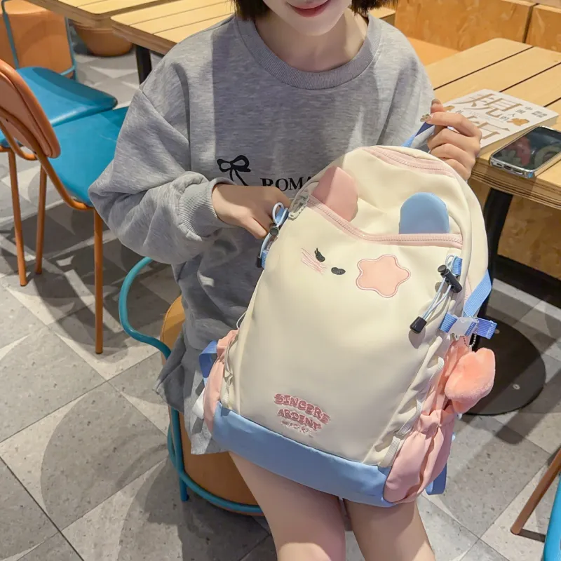 Yalu Nylon Material Backpack Women's Brown/Blue & Pink-7