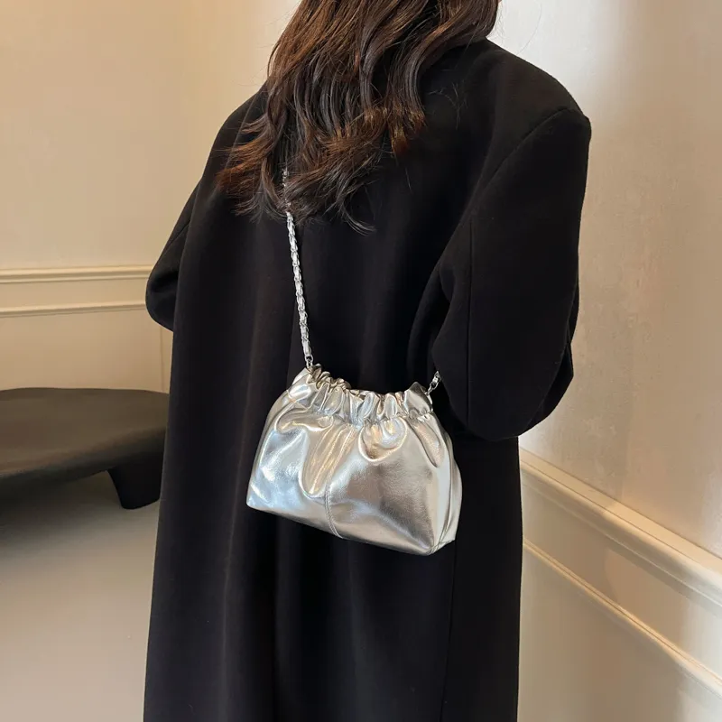 Yalu PU Pleated Shoulder Bag, Crossbody Bag Women's Gold/Silver-13