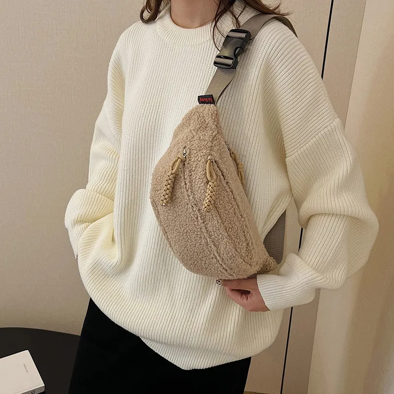 Yalu Plush Waist Bag Chest Bag Women's Ecru/Black/Khaki/Pink/Brown-17