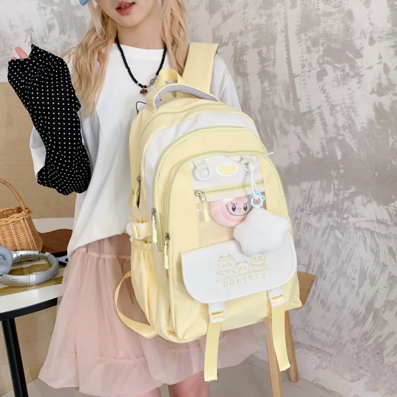 Yalu Nylon Fabric Backpack Regular Unisex Pink/Black/Blue/Green/Yellow-23