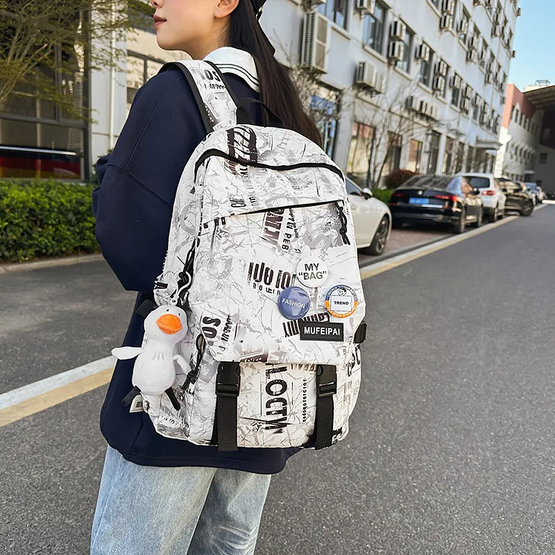Yalu Nylon Backpack Unisex Black/White/Gray-11