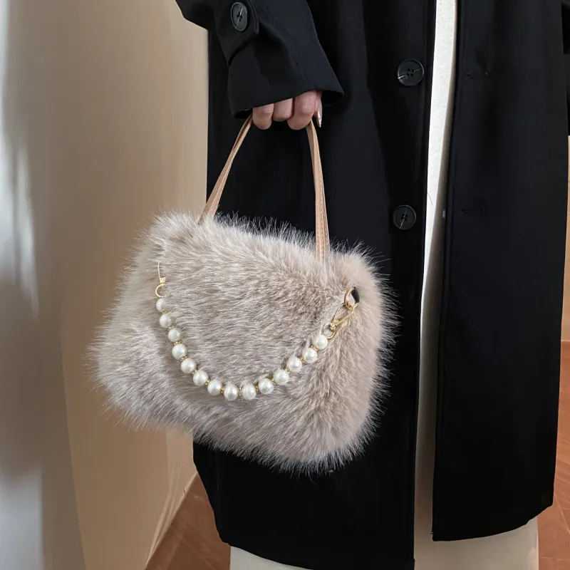 Yalu Plush Handbag, Shoulder Bag Regular Women's White/Light Khaki/Pink/Gray/Dark Khaki/Black-9