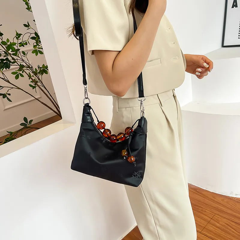 Yalu Nylon Dumpling Bag Handbag Women's Ecru/Black-9