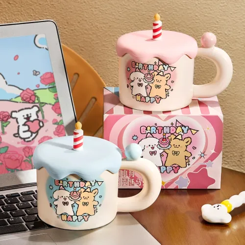 MOSE Cute Ceramic Birthday Cake Mug With Lid Design 380ML