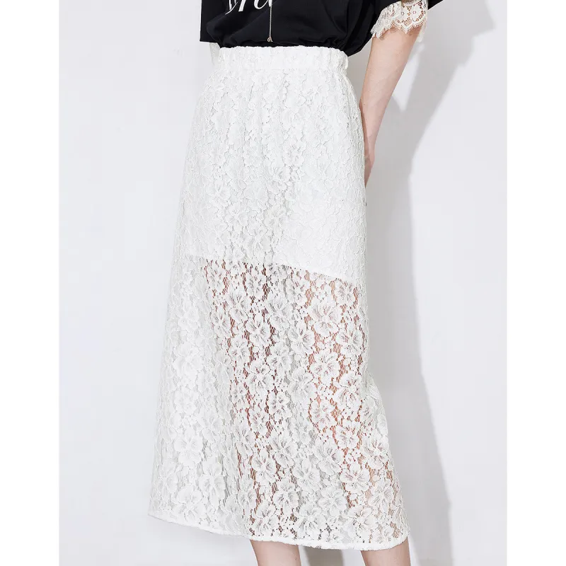 Initial Language Casual Long Skirts Women's White-3