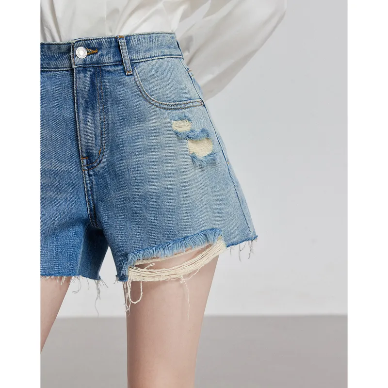 Initial Language Denim Shorts Women's Light Blue-3