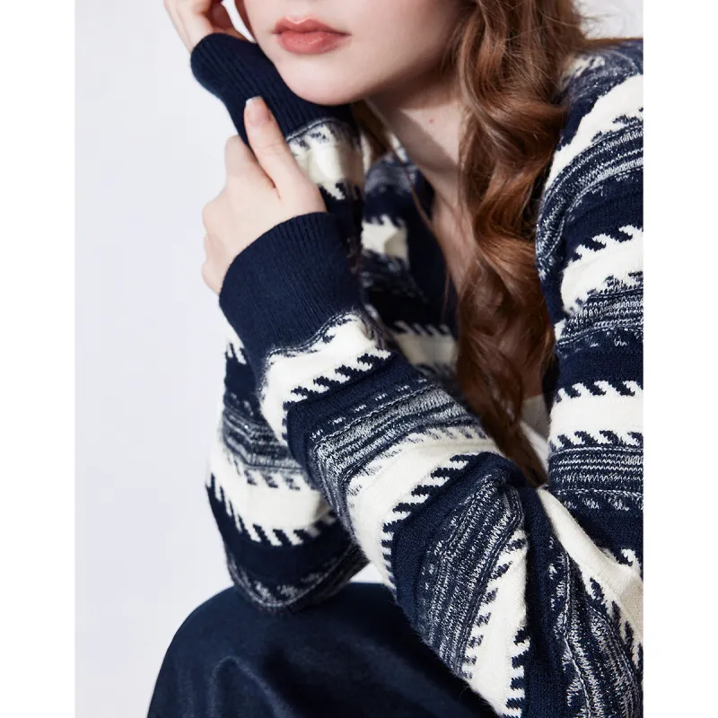 Initial Language Knitwear Women's Navy Blue White Stripes-1