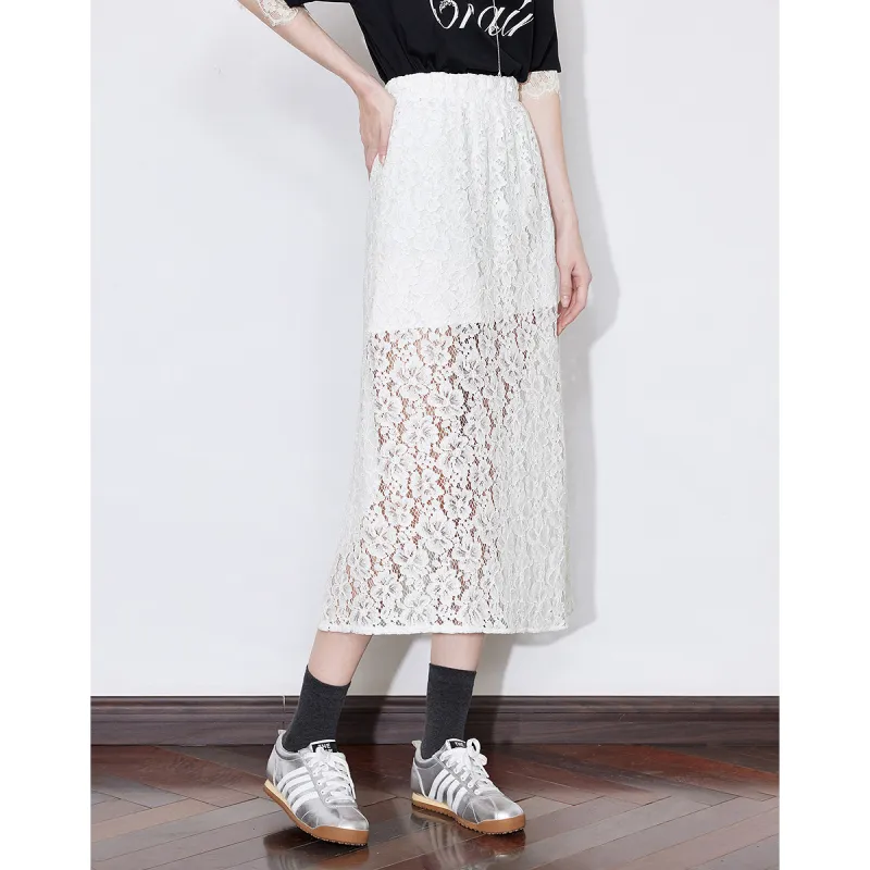 Initial Language Casual Long Skirts Women's White-1
