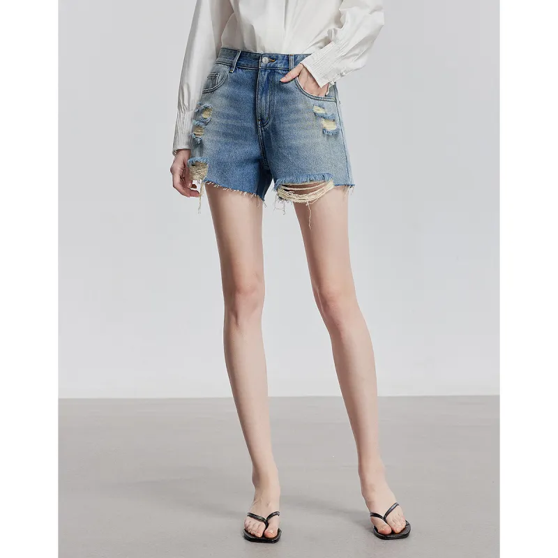 Initial Language Denim Shorts Women's Light Blue-4