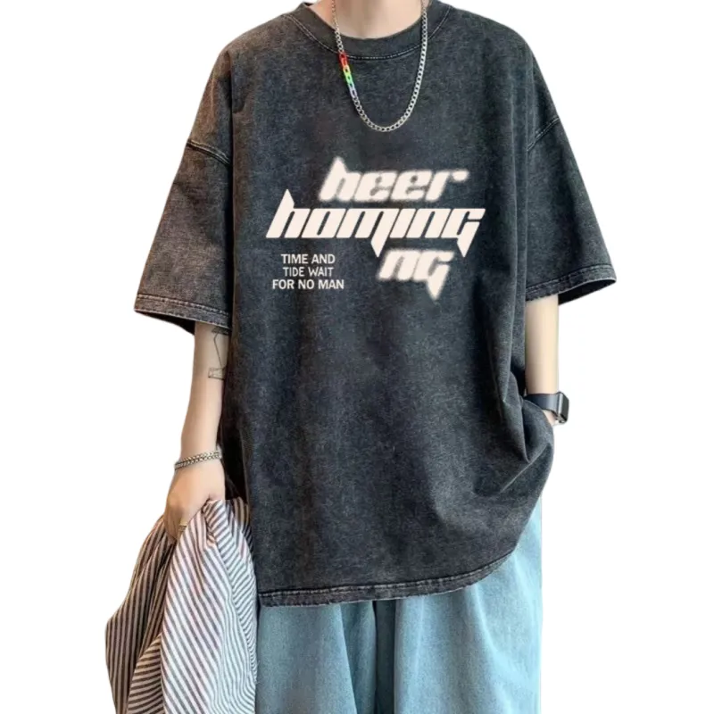 Wooden Rabbit Distressed Washed Casual Trendy Brand Niche Premium Minimalist Loose Fit Elbow Length Sleeved Shirt Men's-2