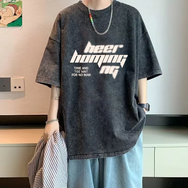 Wooden Rabbit Distressed Washed Casual Trendy Brand Niche Premium Minimalist Loose Fit Elbow Length Sleeved Shirt Men's-1