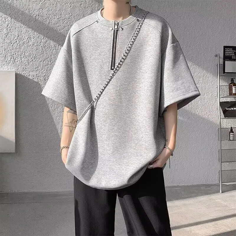 Wooden Rabbit Casual Trendy Brand Half Zip Niche Design Minimalist Style Loose Fit Elbow Length Sleeved Men's-4
