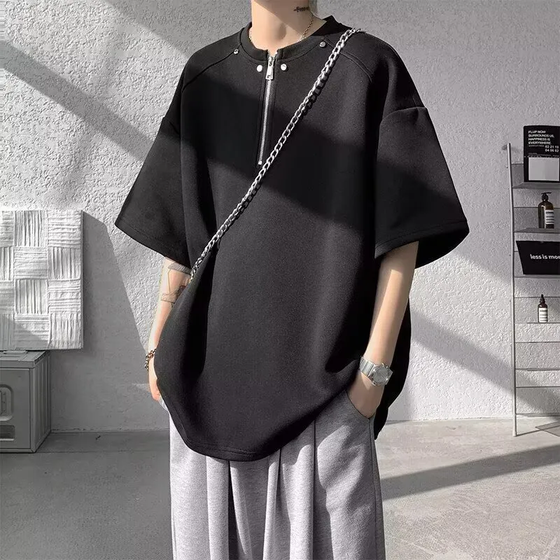Wooden Rabbit Casual Trendy Brand Half Zip Niche Design Minimalist Style Loose Fit Elbow Length Sleeved Men's-1