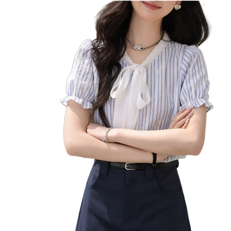 Alxnan Crop Tops Women's Blue White Stripes-1