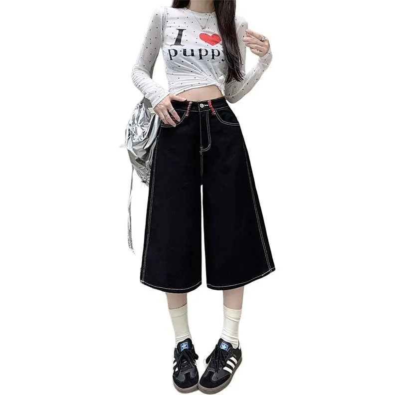 DATOUXIAYUBUCHOU Denim Shorts Women's Black And Red Checkered Color-2