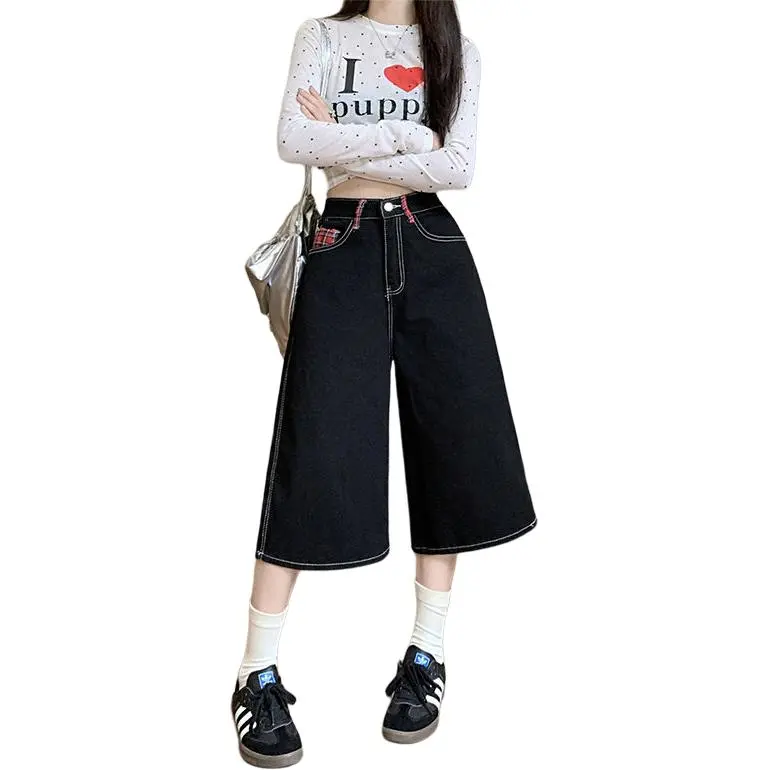 DATOUXIAYUBUCHOU Denim Shorts Women's Black And Red Checkered Color-1