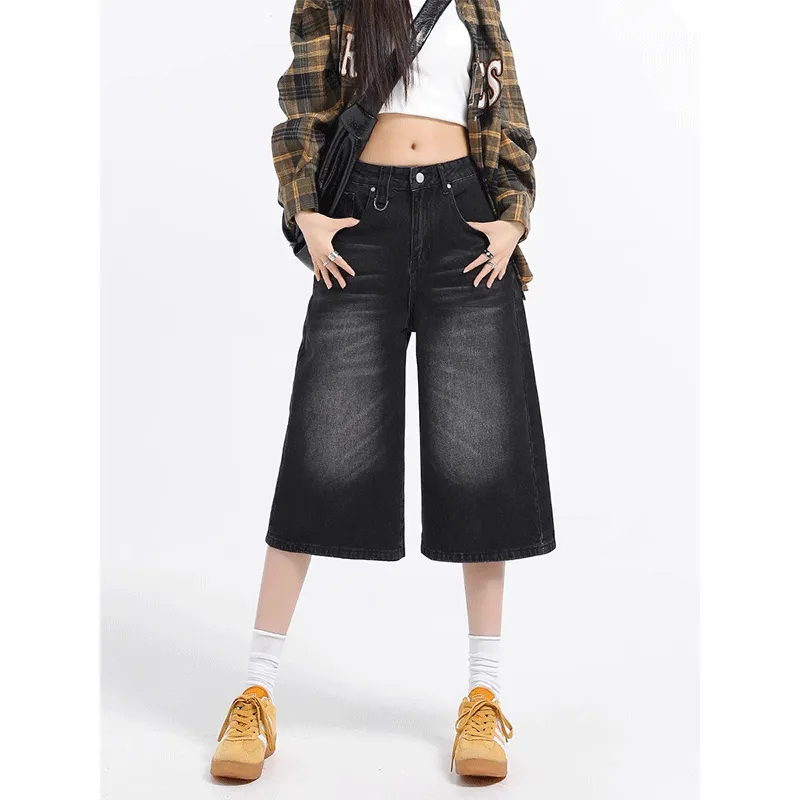 DARK HORSE Denim Shorts Unisex Black Gray Color-3