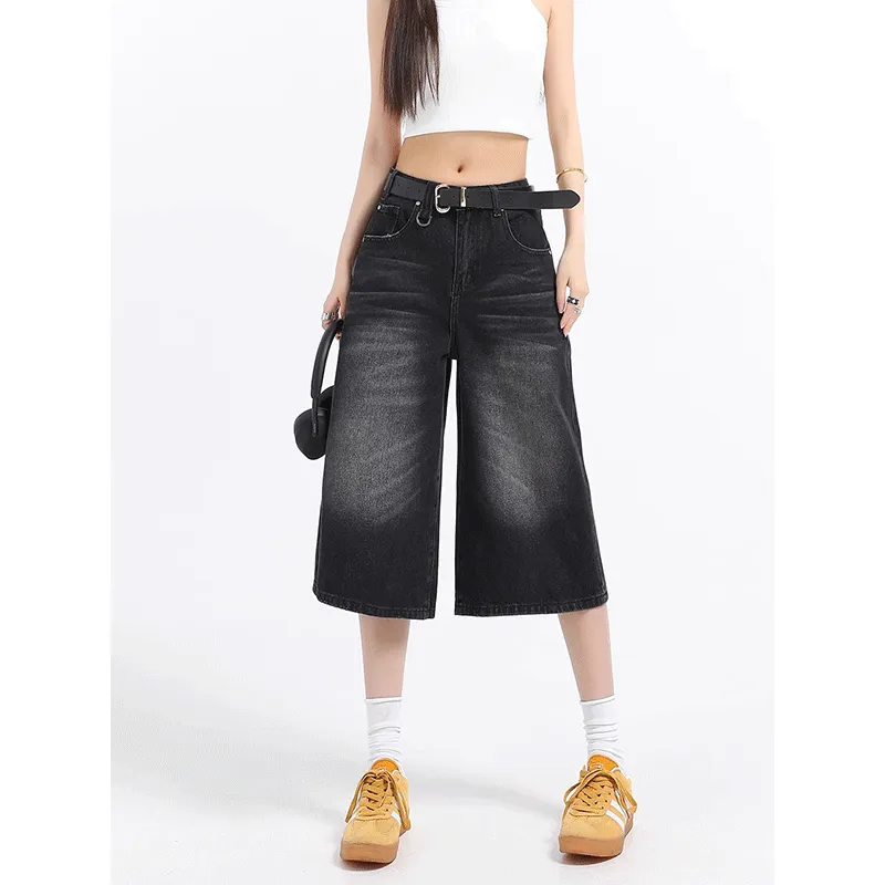 DARK HORSE Denim Shorts Unisex Black Gray Color-4