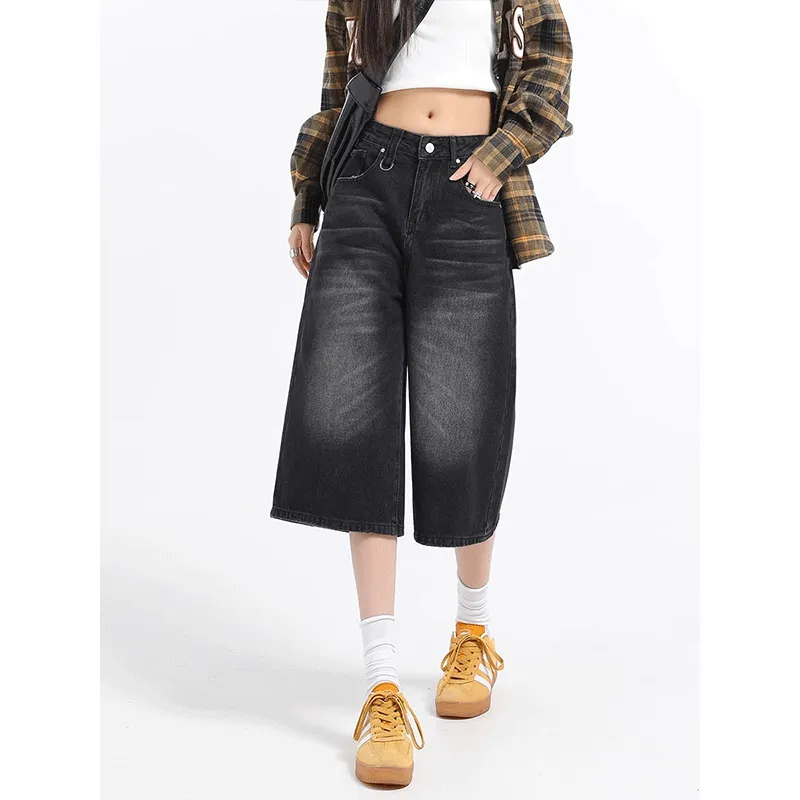 DARK HORSE Denim Shorts Unisex Black Gray Color-2