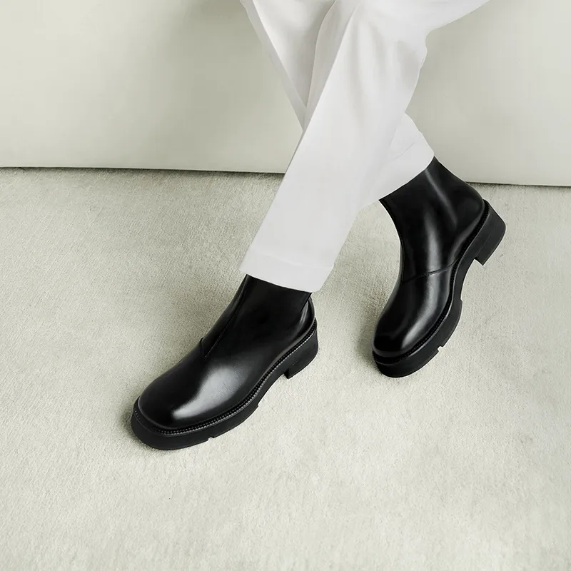 THOM WILLS British Style Fashion Versatile Casual Chelsea Leather Boots Ankle Boots Men's Black-5