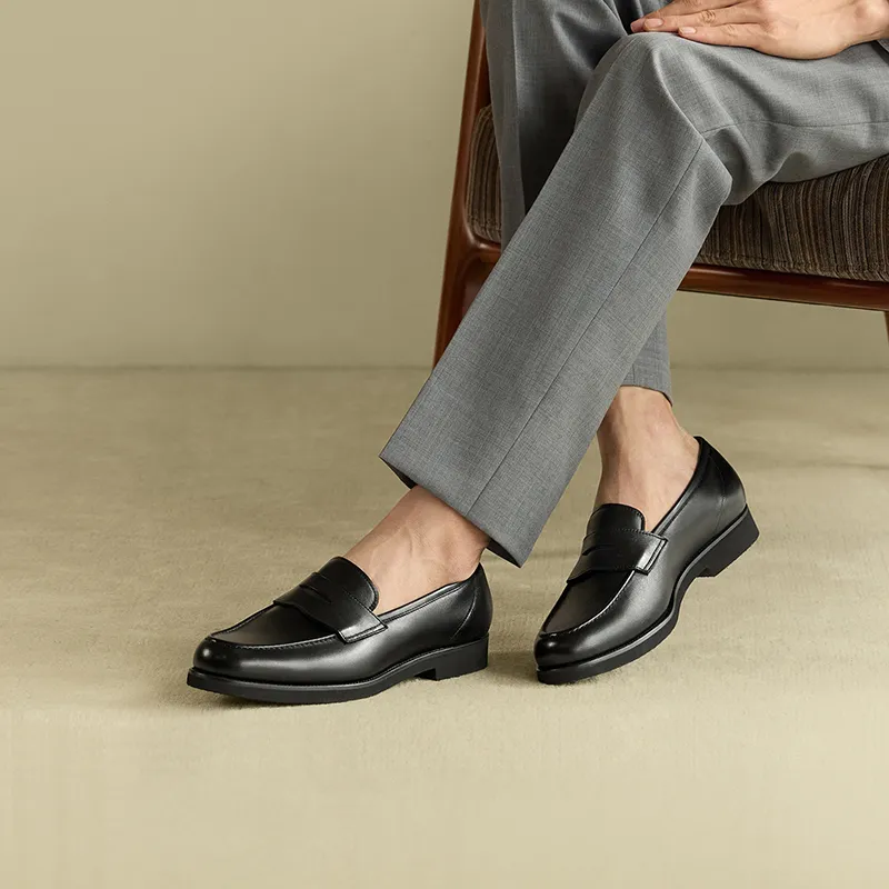 THOM WILLS British Style Business Casual Calfskin Slip on Loafers Men's Black-7