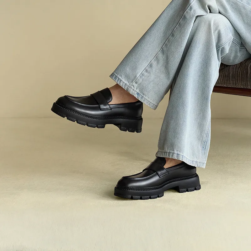 THOM WILLS Calfskin Slip on Loafers Casual Shoes 4cm Men's Black-6